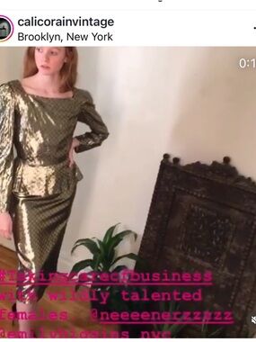 Trending Vintage Gold Metallic Check Lame 2pc Dress Midi Pencil Skirt Top S  24w